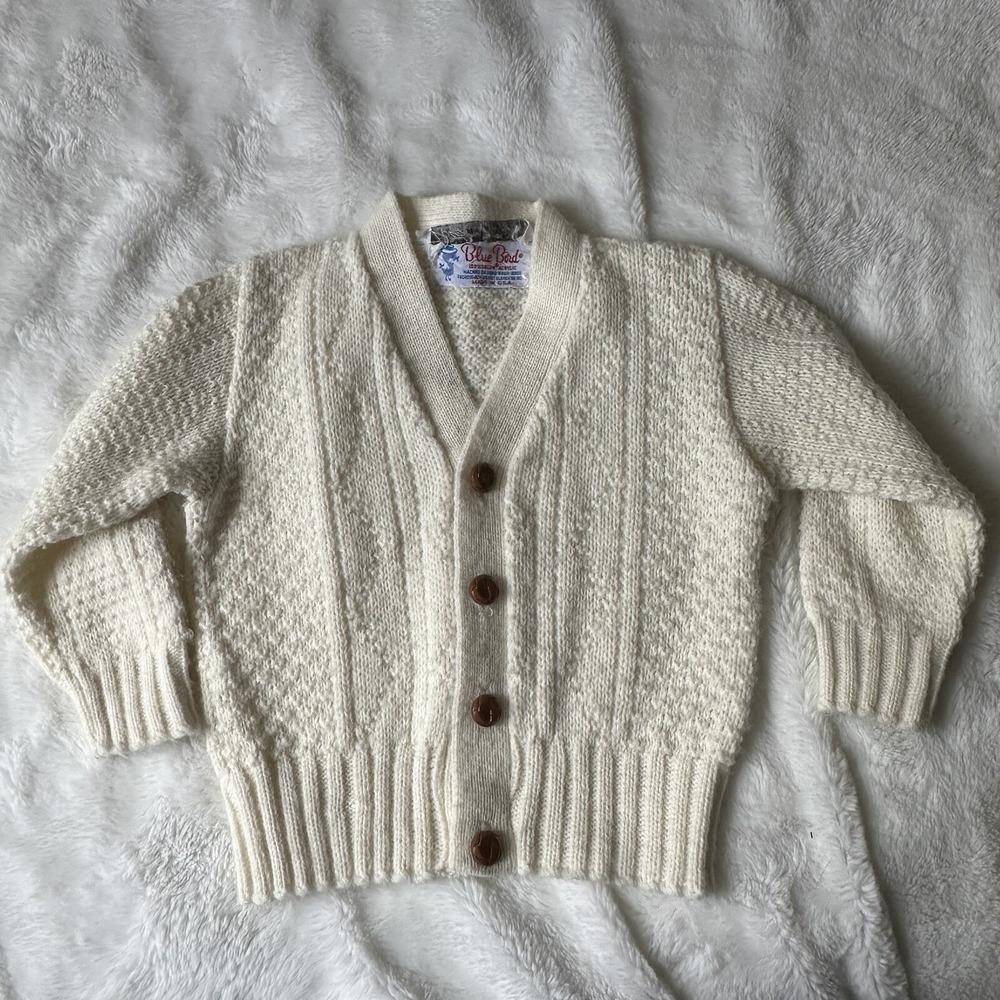 VTG Baby Lord & Taylor Ivory Infant Knit Fisherman Cardigan Orlon Acrylic 6-12M